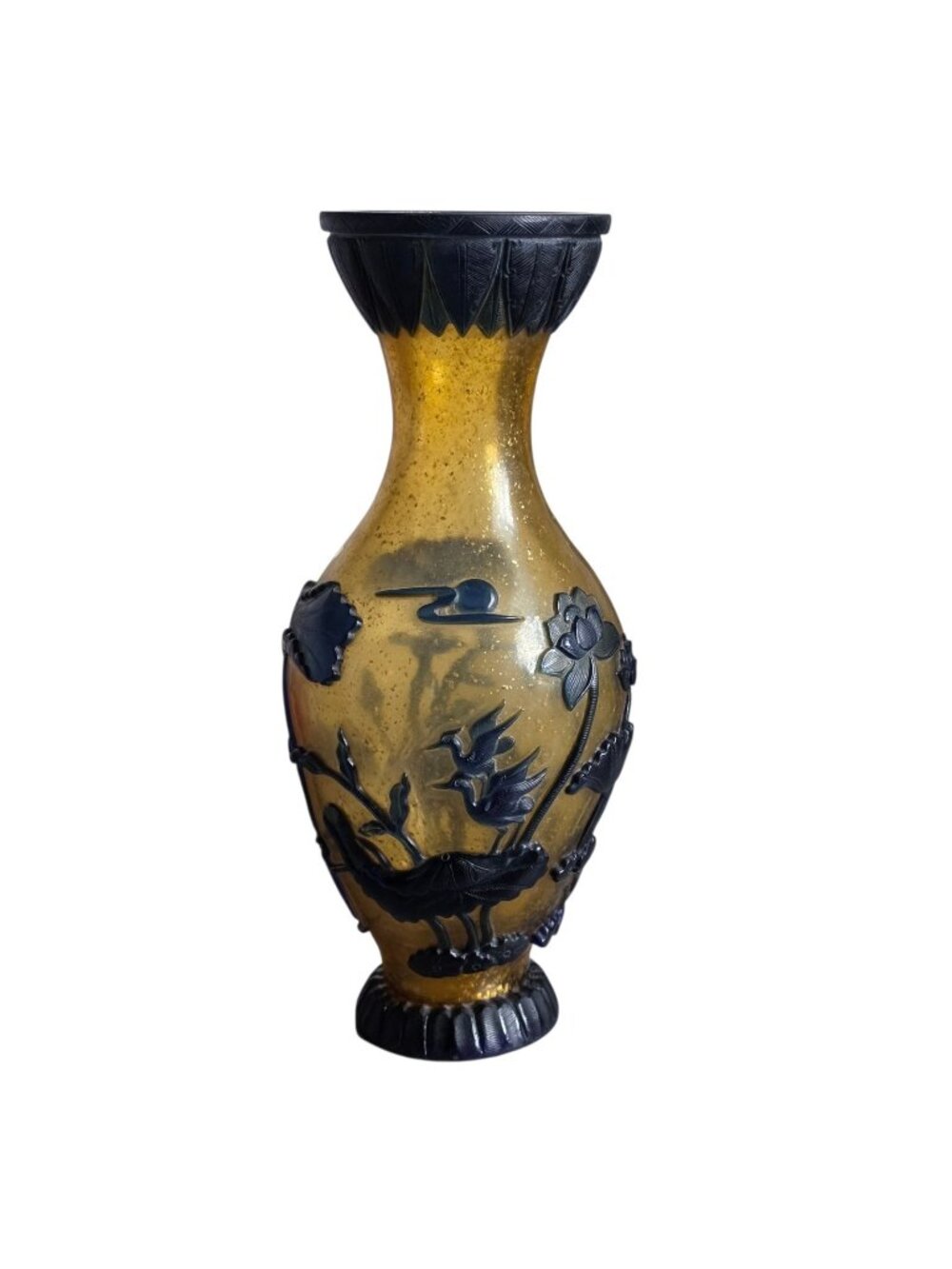 Chinese Antique Colored Glaze Carved Flower Bird Blue Yellow Art Vase 11"x3"